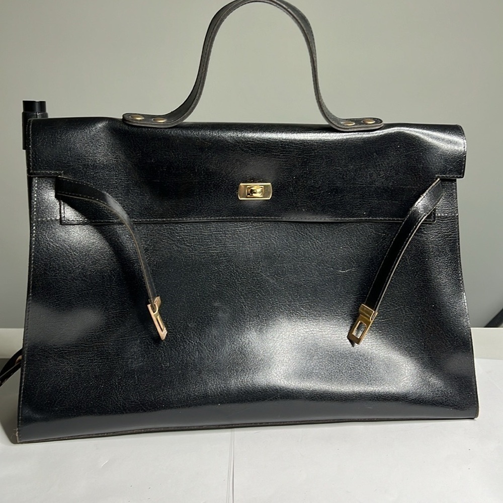 Vintage Large Black Leather Sellier Style Handbag Made in France - Picture 3 of 14